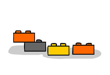 Zeichnung von vier Legobausteinen, von denen zwei zusammengesteckt sind.