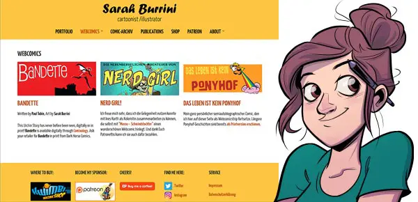 Ein Screenshot der Website von Sarah Burrini und daneben gezeichnetes Selbstbildnis der Künstlerin