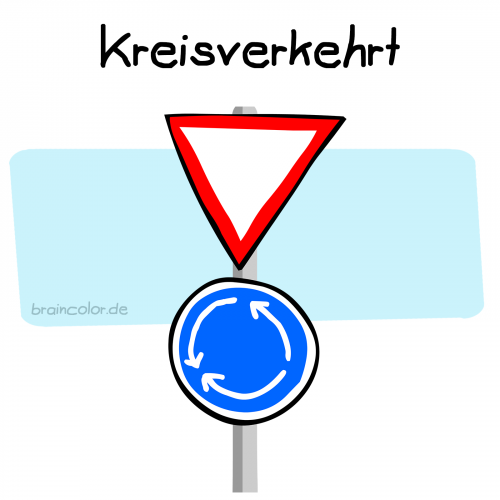 Cartoon von braincolor.de: Das Verkehrsschild für einen Kreisverkehr. Die Pfeile darauf sind jedoch so angeordnet, dass sie einen Unfall verursachen würden. Titel: Kreisverkehrt