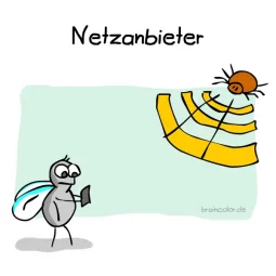 Cartoon von braincolor.de: Eine Fliege spaziert, konzetriert auf ihr Smartphone, an einem Spinnennetz, in dem lauernd eine Spinne sitzt, vorbei. Das Spinnennetzt sieht aus wie das WLAN-Icon. Titel: Netzanbieter